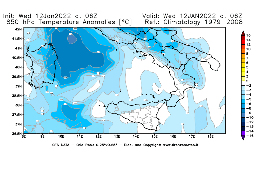 Mappa di analisi GFS - Anomalia Temperatura [°C] a 850 hPa in Sud-Italia
							del 12/01/2022 06 <!--googleoff: index-->UTC<!--googleon: index-->