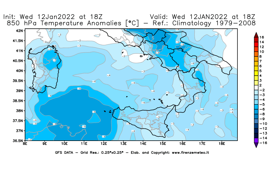 Mappa di analisi GFS - Anomalia Temperatura [°C] a 850 hPa in Sud-Italia
							del 12/01/2022 18 <!--googleoff: index-->UTC<!--googleon: index-->