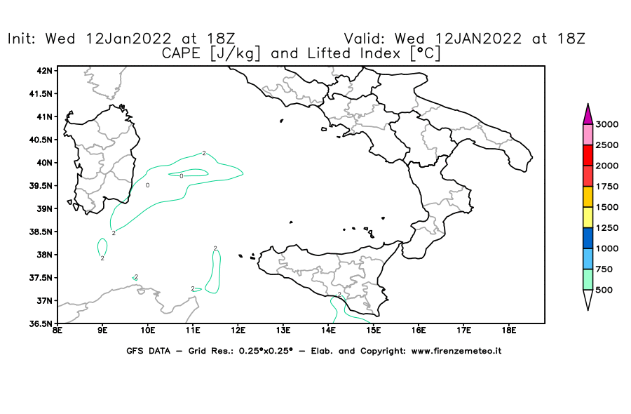 Mappa di analisi GFS - CAPE [J/kg] e Lifted Index [°C] in Sud-Italia
							del 12/01/2022 18 <!--googleoff: index-->UTC<!--googleon: index-->
