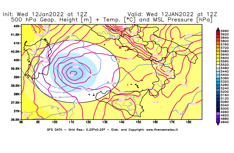 Mappa di analisi GFS - Geopotenziale [m] + Temp. [°C] a 500 hPa + Press. a livello del mare [hPa] in Sud-Italia
							del 12/01/2022 12 <!--googleoff: index-->UTC<!--googleon: index-->