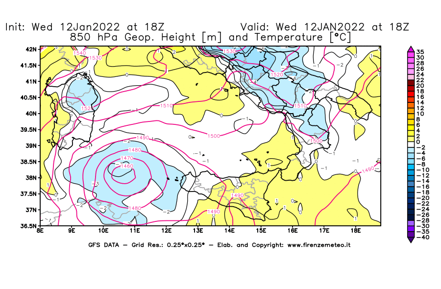 Mappa di analisi GFS - Geopotenziale [m] e Temperatura [°C] a 850 hPa in Sud-Italia
							del 12/01/2022 18 <!--googleoff: index-->UTC<!--googleon: index-->
