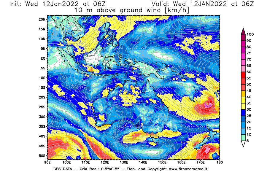 Mappa di analisi GFS - Velocità del vento a 10 metri dal suolo [km/h] in Oceania
							del 12/01/2022 06 <!--googleoff: index-->UTC<!--googleon: index-->