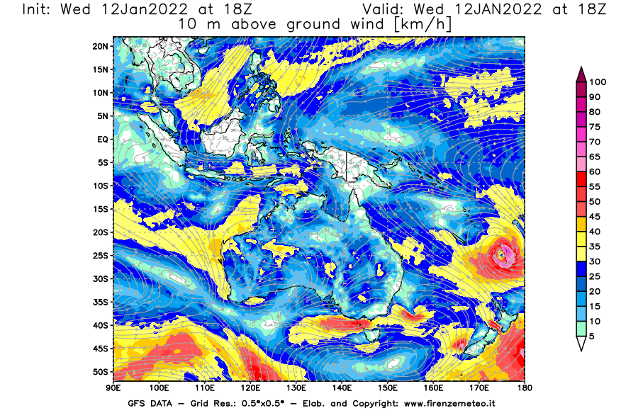 Mappa di analisi GFS - Velocità del vento a 10 metri dal suolo [km/h] in Oceania
							del 12/01/2022 18 <!--googleoff: index-->UTC<!--googleon: index-->