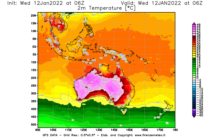 Mappa di analisi GFS - Temperatura a 2 metri dal suolo [°C] in Oceania
							del 12/01/2022 06 <!--googleoff: index-->UTC<!--googleon: index-->