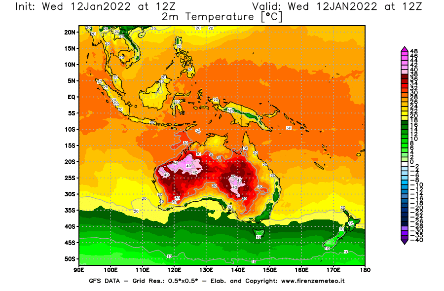 Mappa di analisi GFS - Temperatura a 2 metri dal suolo [°C] in Oceania
							del 12/01/2022 12 <!--googleoff: index-->UTC<!--googleon: index-->