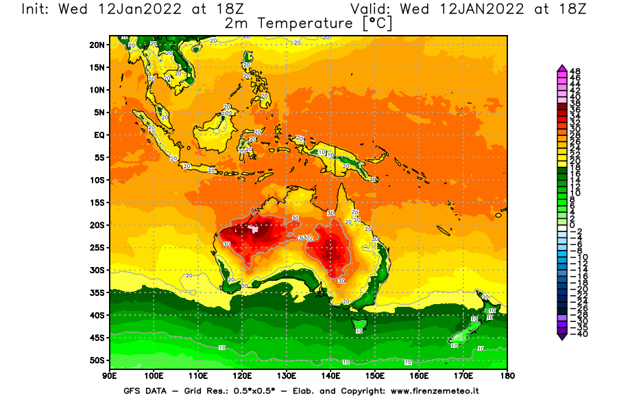 Mappa di analisi GFS - Temperatura a 2 metri dal suolo [°C] in Oceania
							del 12/01/2022 18 <!--googleoff: index-->UTC<!--googleon: index-->