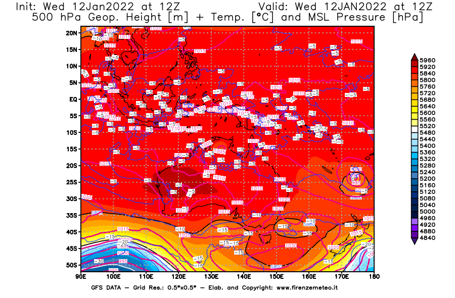 Mappa di analisi GFS - Geopotenziale [m] + Temp. [°C] a 500 hPa + Press. a livello del mare [hPa] in Oceania
							del 12/01/2022 12 <!--googleoff: index-->UTC<!--googleon: index-->