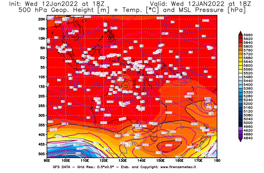 Mappa di analisi GFS - Geopotenziale [m] + Temp. [°C] a 500 hPa + Press. a livello del mare [hPa] in Oceania
							del 12/01/2022 18 <!--googleoff: index-->UTC<!--googleon: index-->