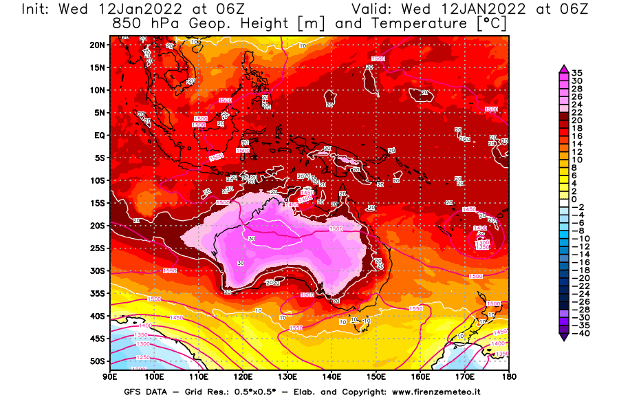 Mappa di analisi GFS - Geopotenziale [m] e Temperatura [°C] a 850 hPa in Oceania
							del 12/01/2022 06 <!--googleoff: index-->UTC<!--googleon: index-->