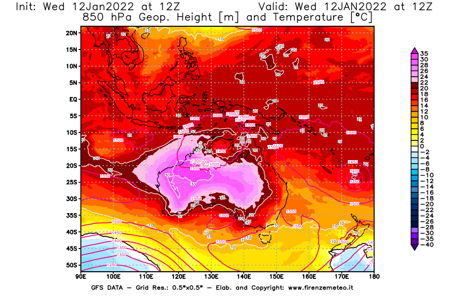 Mappa di analisi GFS - Geopotenziale [m] e Temperatura [°C] a 850 hPa in Oceania
							del 12/01/2022 12 <!--googleoff: index-->UTC<!--googleon: index-->