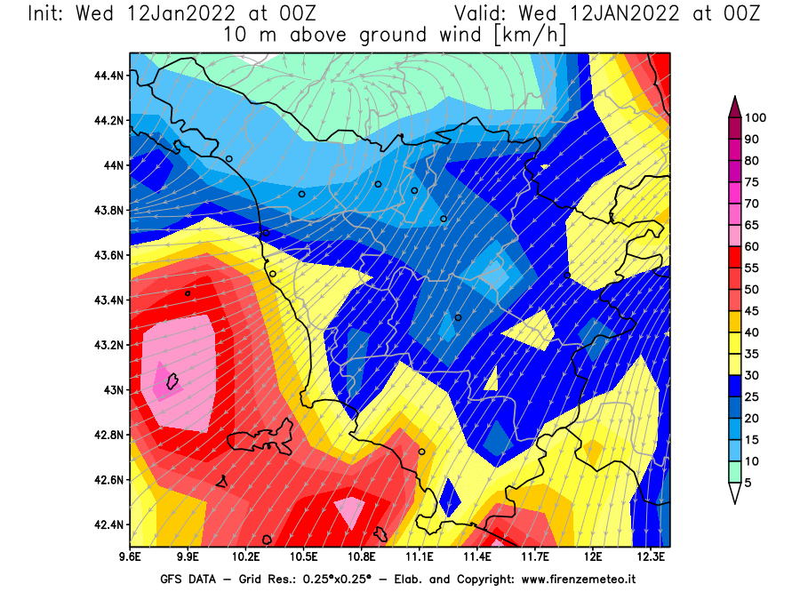 Mappa di analisi GFS - Velocità del vento a 10 metri dal suolo [km/h] in Toscana
							del 12/01/2022 00 <!--googleoff: index-->UTC<!--googleon: index-->