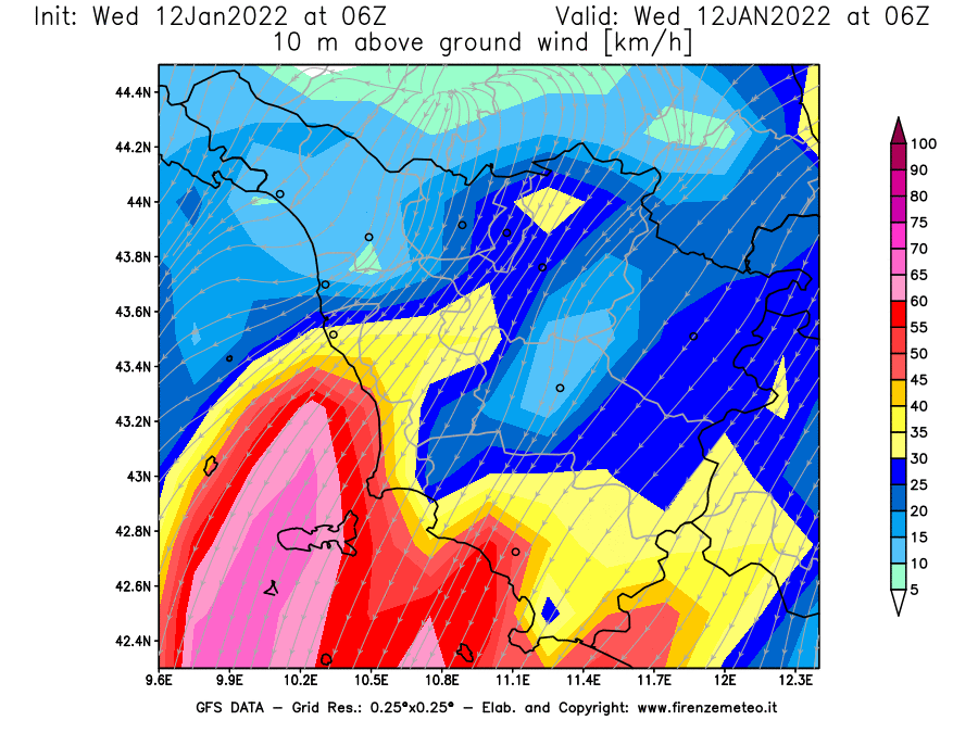 Mappa di analisi GFS - Velocità del vento a 10 metri dal suolo [km/h] in Toscana
							del 12/01/2022 06 <!--googleoff: index-->UTC<!--googleon: index-->