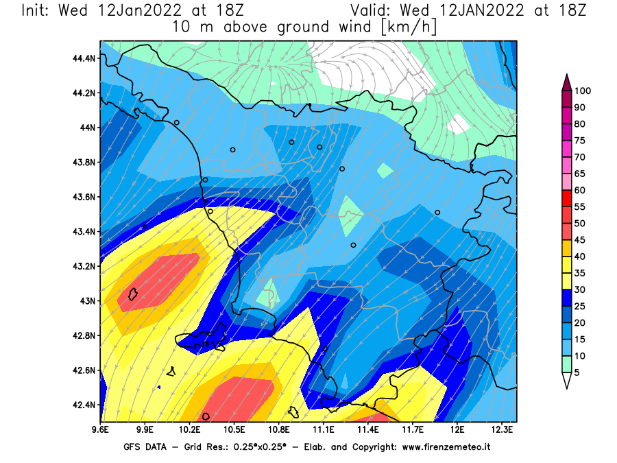 Mappa di analisi GFS - Velocità del vento a 10 metri dal suolo [km/h] in Toscana
							del 12/01/2022 18 <!--googleoff: index-->UTC<!--googleon: index-->