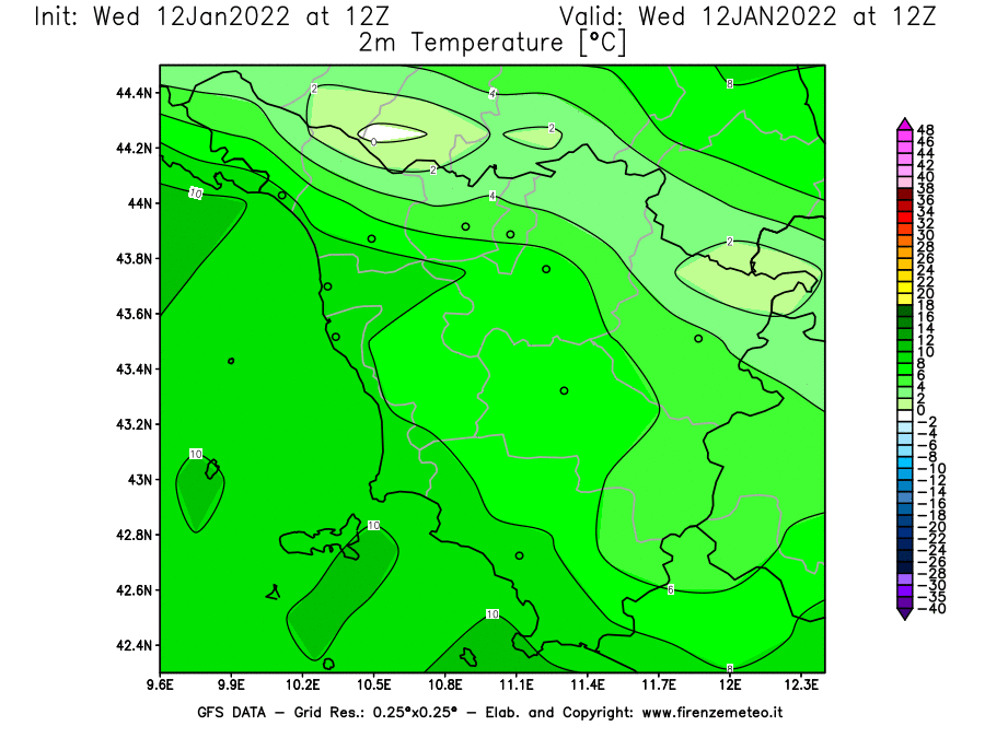 Mappa di analisi GFS - Temperatura a 2 metri dal suolo [°C] in Toscana
							del 12/01/2022 12 <!--googleoff: index-->UTC<!--googleon: index-->