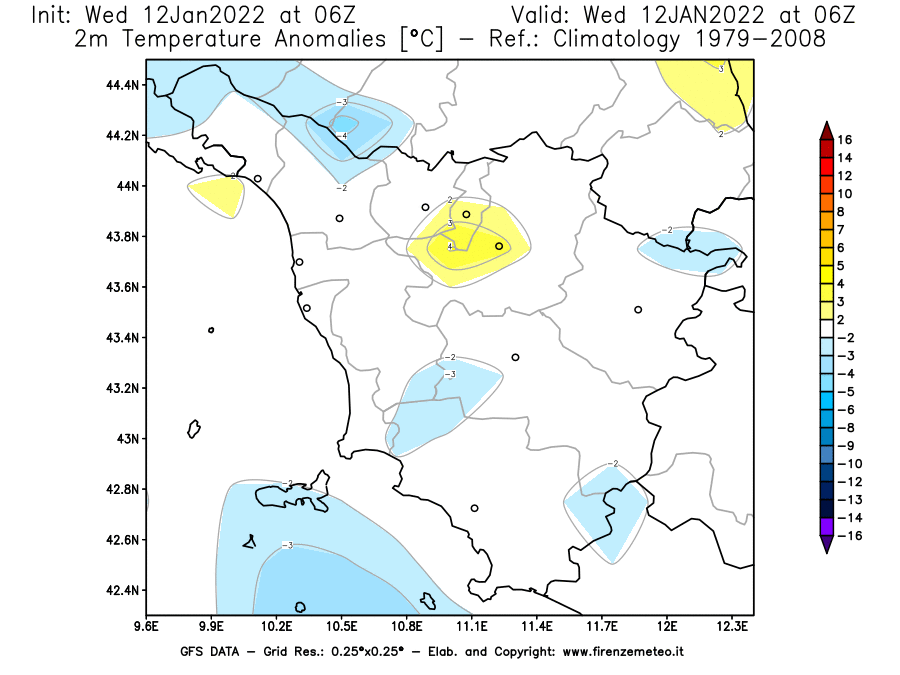 Mappa di analisi GFS - Anomalia Temperatura [°C] a 2 m in Toscana
							del 12/01/2022 06 <!--googleoff: index-->UTC<!--googleon: index-->