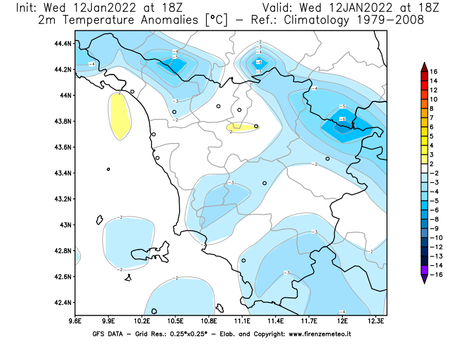 Mappa di analisi GFS - Anomalia Temperatura [°C] a 2 m in Toscana
							del 12/01/2022 18 <!--googleoff: index-->UTC<!--googleon: index-->