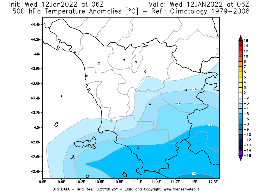 Mappa di analisi GFS - Anomalia Temperatura [°C] a 500 hPa in Toscana
							del 12/01/2022 06 <!--googleoff: index-->UTC<!--googleon: index-->
