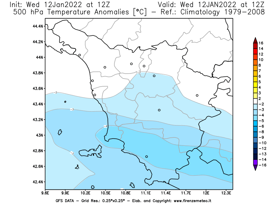 Mappa di analisi GFS - Anomalia Temperatura [°C] a 500 hPa in Toscana
							del 12/01/2022 12 <!--googleoff: index-->UTC<!--googleon: index-->