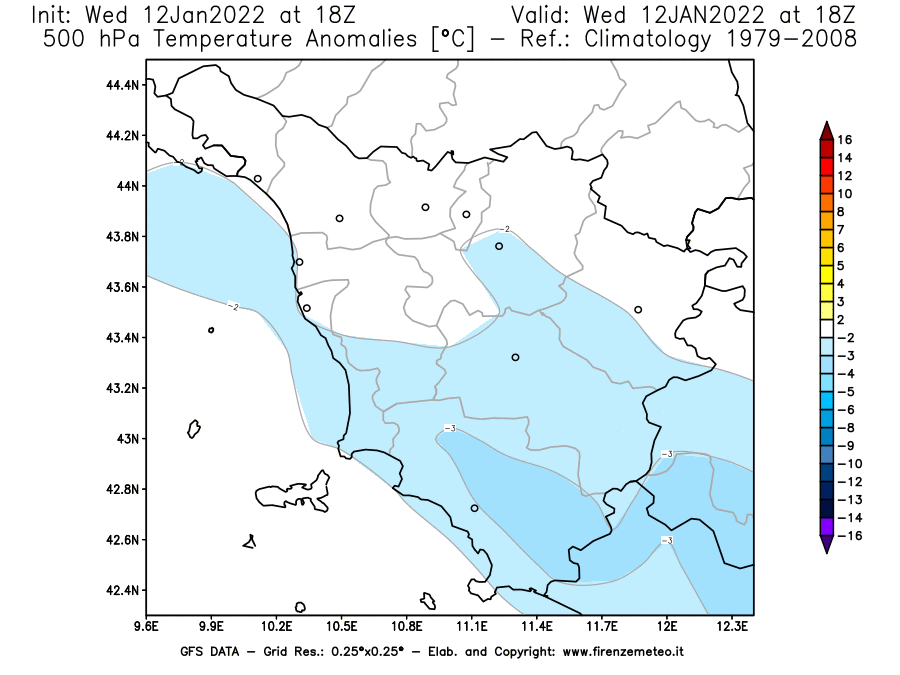 Mappa di analisi GFS - Anomalia Temperatura [°C] a 500 hPa in Toscana
							del 12/01/2022 18 <!--googleoff: index-->UTC<!--googleon: index-->