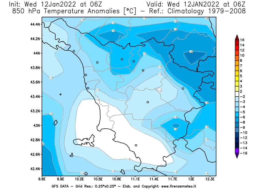 Mappa di analisi GFS - Anomalia Temperatura [°C] a 850 hPa in Toscana
							del 12/01/2022 06 <!--googleoff: index-->UTC<!--googleon: index-->