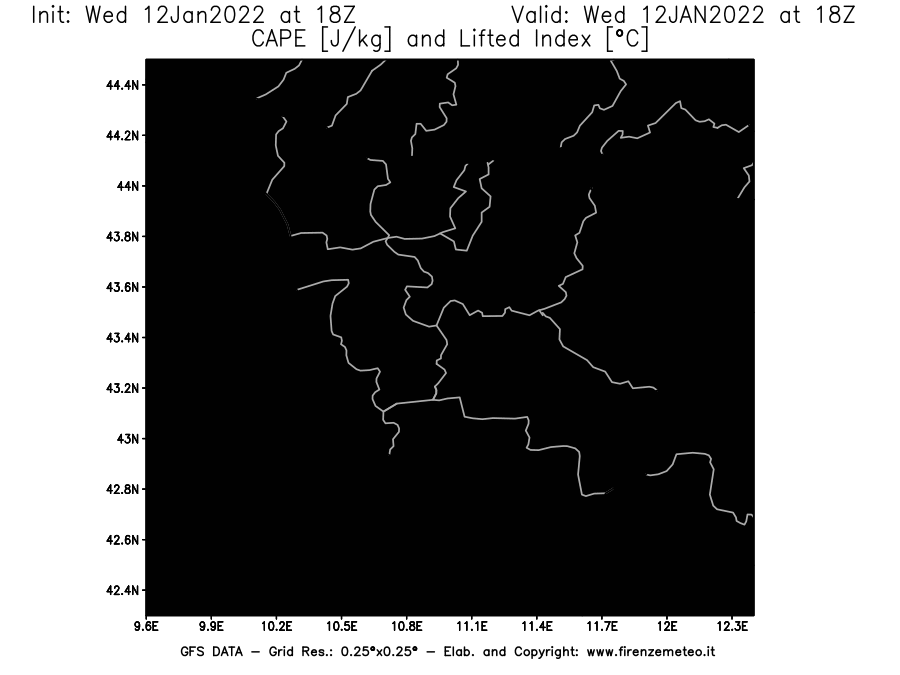 Mappa di analisi GFS - CAPE [J/kg] e Lifted Index [°C] in Toscana
							del 12/01/2022 18 <!--googleoff: index-->UTC<!--googleon: index-->