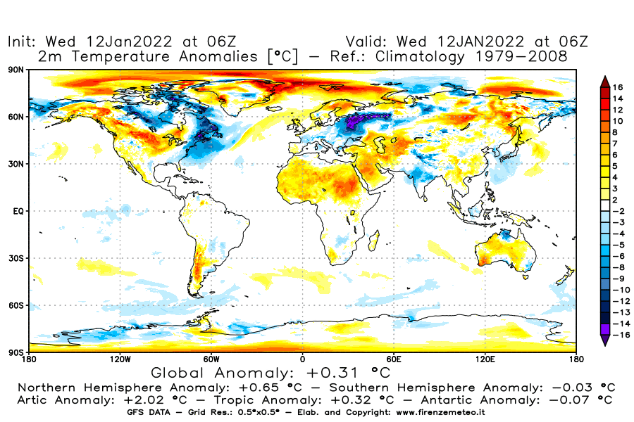 Mappa di analisi GFS - Anomalia Temperatura [°C] a 2 m in World
							del 12/01/2022 06 <!--googleoff: index-->UTC<!--googleon: index-->