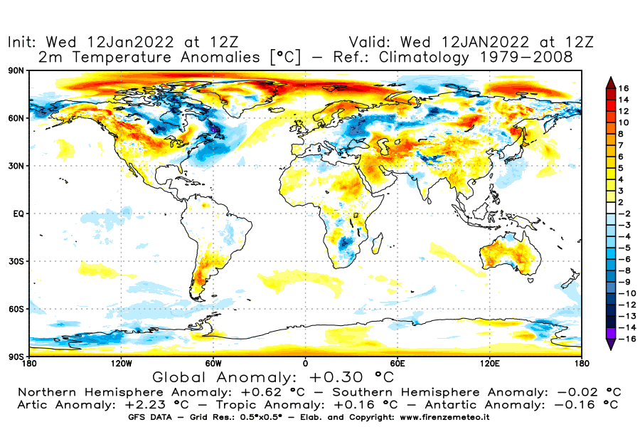 Mappa di analisi GFS - Anomalia Temperatura [°C] a 2 m in World
							del 12/01/2022 12 <!--googleoff: index-->UTC<!--googleon: index-->