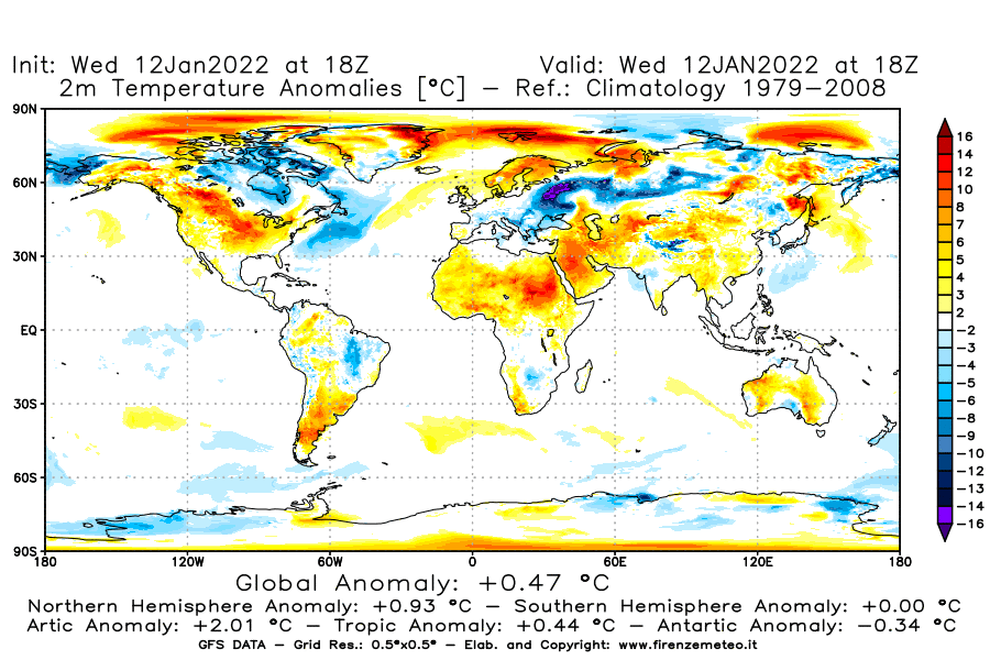 Mappa di analisi GFS - Anomalia Temperatura [°C] a 2 m in World
							del 12/01/2022 18 <!--googleoff: index-->UTC<!--googleon: index-->
