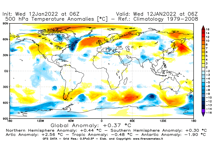 Mappa di analisi GFS - Anomalia Temperatura [°C] a 500 hPa in World
							del 12/01/2022 06 <!--googleoff: index-->UTC<!--googleon: index-->