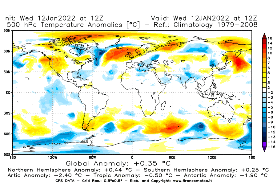 Mappa di analisi GFS - Anomalia Temperatura [°C] a 500 hPa in World
							del 12/01/2022 12 <!--googleoff: index-->UTC<!--googleon: index-->
