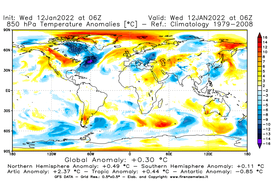 Mappa di analisi GFS - Anomalia Temperatura [°C] a 850 hPa in World
							del 12/01/2022 06 <!--googleoff: index-->UTC<!--googleon: index-->