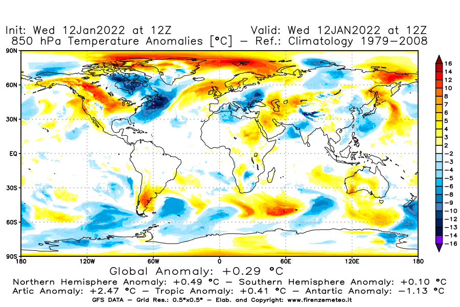 Mappa di analisi GFS - Anomalia Temperatura [°C] a 850 hPa in World
							del 12/01/2022 12 <!--googleoff: index-->UTC<!--googleon: index-->