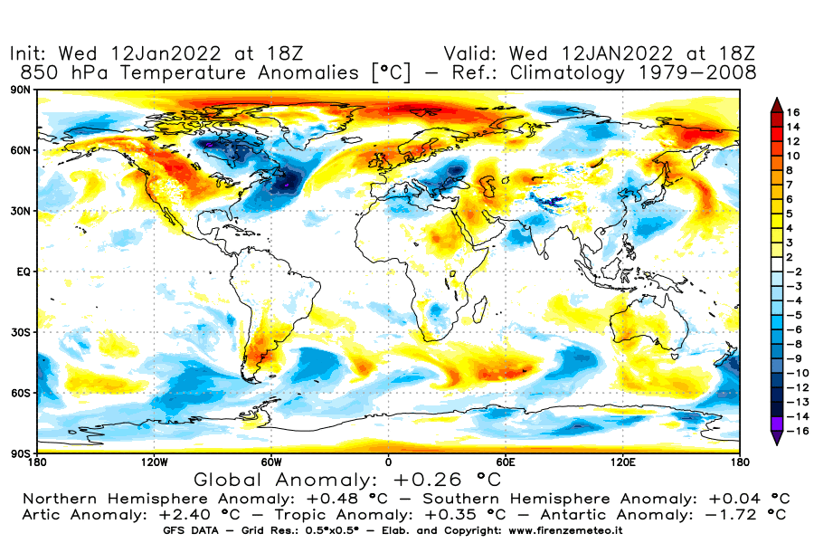 Mappa di analisi GFS - Anomalia Temperatura [°C] a 850 hPa in World
							del 12/01/2022 18 <!--googleoff: index-->UTC<!--googleon: index-->