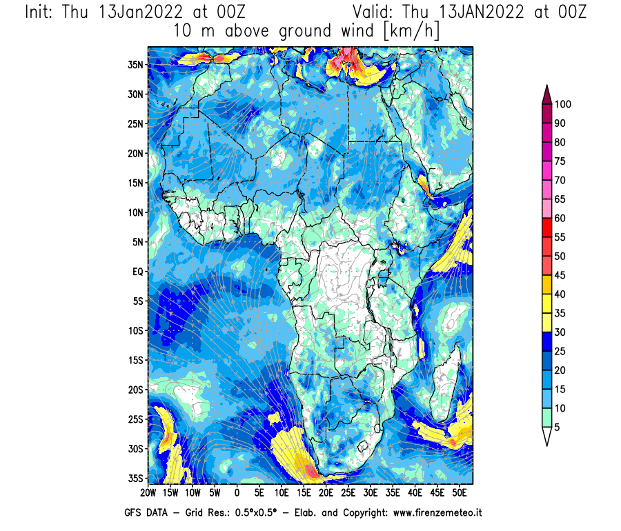 Mappa di analisi GFS - Velocità del vento a 10 metri dal suolo [km/h] in Africa
							del 13/01/2022 00 <!--googleoff: index-->UTC<!--googleon: index-->