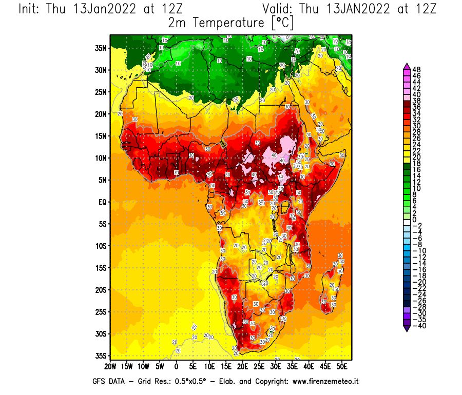Mappa di analisi GFS - Temperatura a 2 metri dal suolo [°C] in Africa
							del 13/01/2022 12 <!--googleoff: index-->UTC<!--googleon: index-->