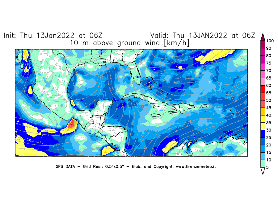 Mappa di analisi GFS - Velocità del vento a 10 metri dal suolo [km/h] in Centro-America
							del 13/01/2022 06 <!--googleoff: index-->UTC<!--googleon: index-->