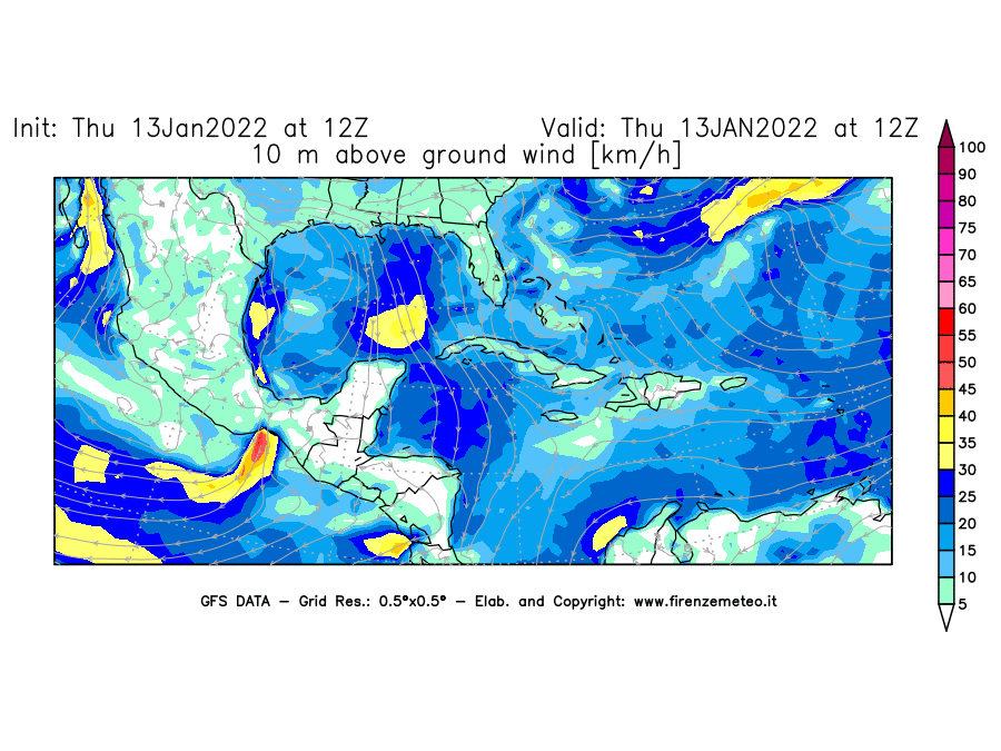 Mappa di analisi GFS - Velocità del vento a 10 metri dal suolo [km/h] in Centro-America
							del 13/01/2022 12 <!--googleoff: index-->UTC<!--googleon: index-->