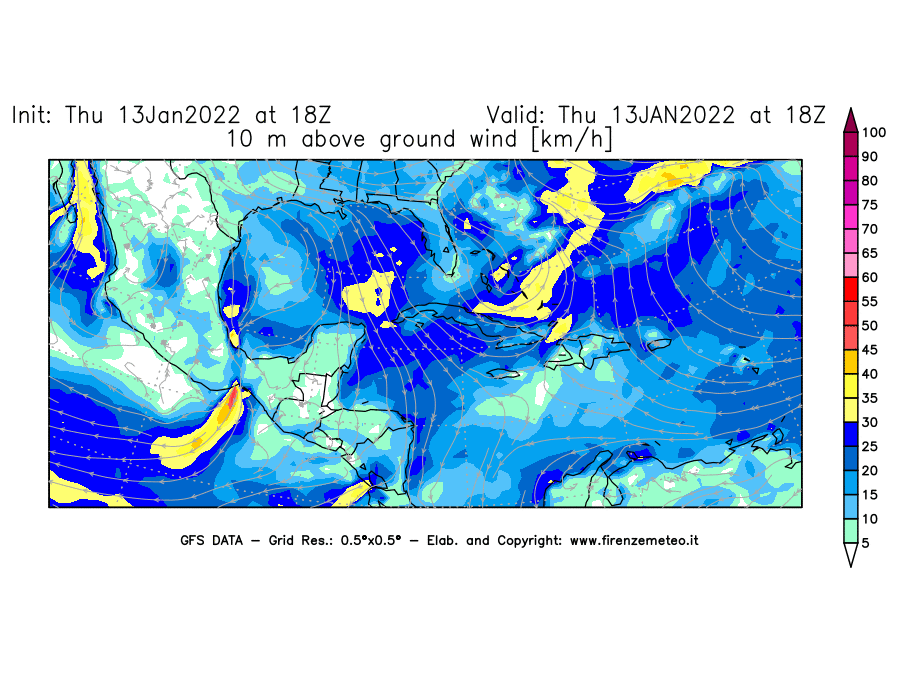 Mappa di analisi GFS - Velocità del vento a 10 metri dal suolo [km/h] in Centro-America
							del 13/01/2022 18 <!--googleoff: index-->UTC<!--googleon: index-->