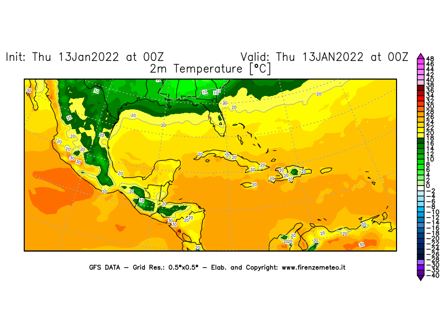Mappa di analisi GFS - Temperatura a 2 metri dal suolo [°C] in Centro-America
							del 13/01/2022 00 <!--googleoff: index-->UTC<!--googleon: index-->