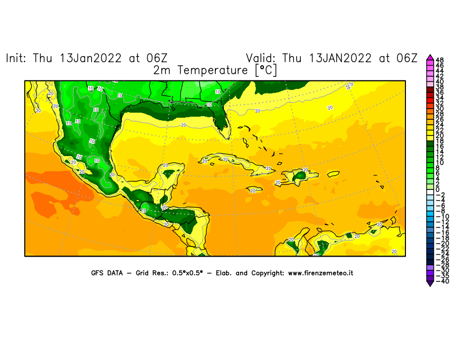 Mappa di analisi GFS - Temperatura a 2 metri dal suolo [°C] in Centro-America
							del 13/01/2022 06 <!--googleoff: index-->UTC<!--googleon: index-->