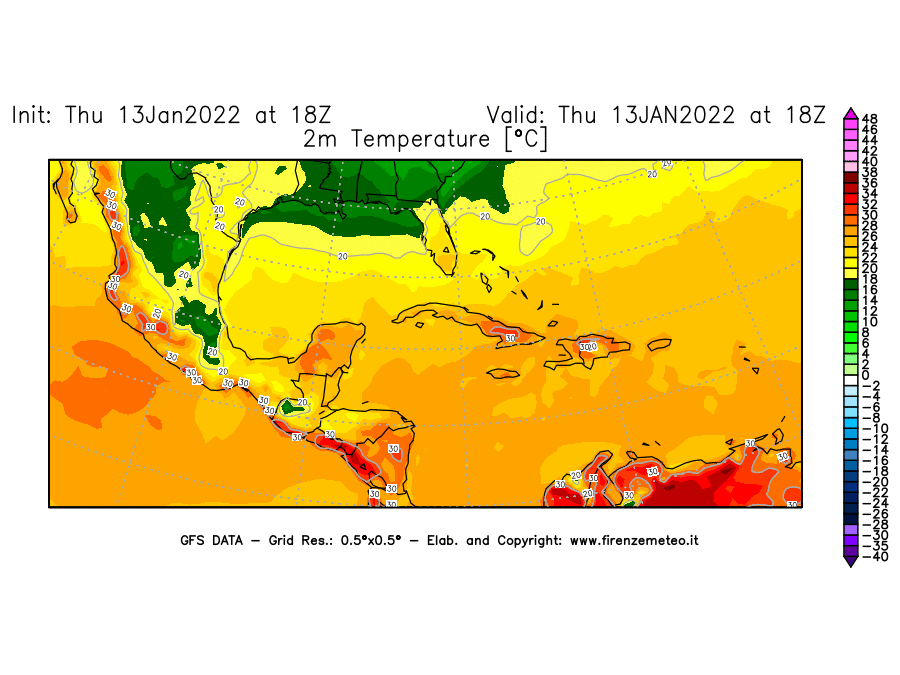 Mappa di analisi GFS - Temperatura a 2 metri dal suolo [°C] in Centro-America
							del 13/01/2022 18 <!--googleoff: index-->UTC<!--googleon: index-->