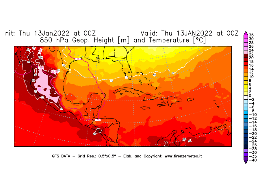 Mappa di analisi GFS - Geopotenziale [m] e Temperatura [°C] a 850 hPa in Centro-America
							del 13/01/2022 00 <!--googleoff: index-->UTC<!--googleon: index-->
