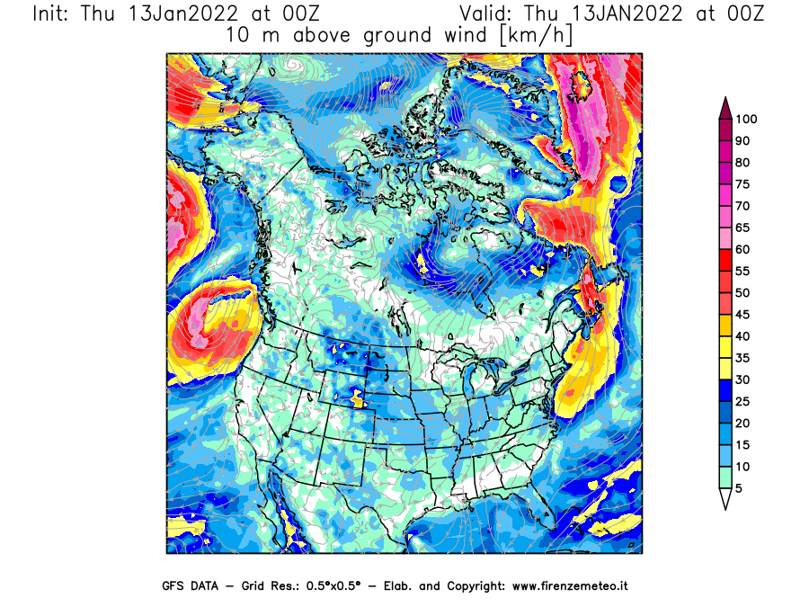 Mappa di analisi GFS - Velocità del vento a 10 metri dal suolo [km/h] in Nord-America
							del 13/01/2022 00 <!--googleoff: index-->UTC<!--googleon: index-->