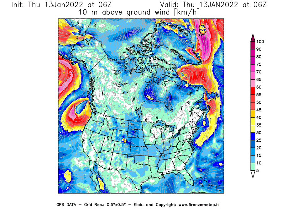 Mappa di analisi GFS - Velocità del vento a 10 metri dal suolo [km/h] in Nord-America
							del 13/01/2022 06 <!--googleoff: index-->UTC<!--googleon: index-->