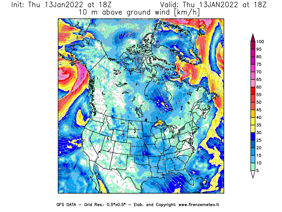 Mappa di analisi GFS - Velocità del vento a 10 metri dal suolo [km/h] in Nord-America
							del 13/01/2022 18 <!--googleoff: index-->UTC<!--googleon: index-->
