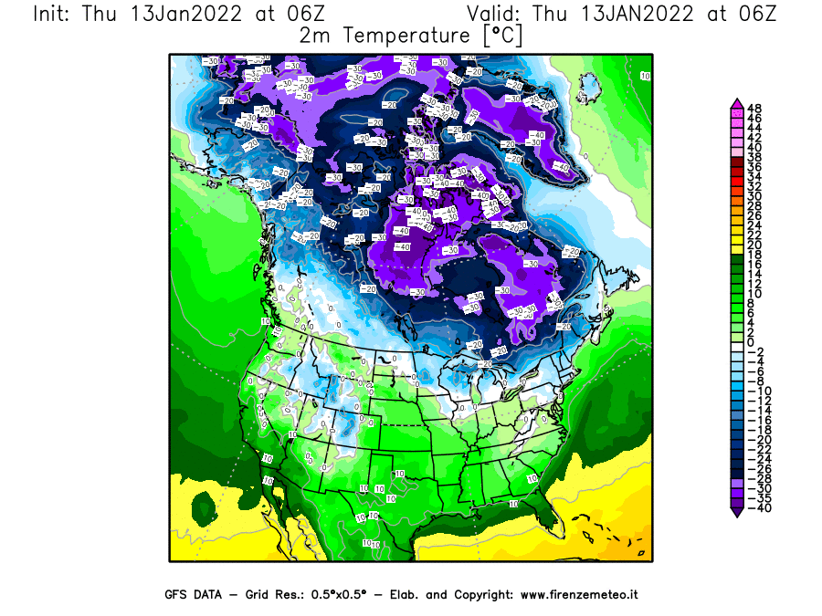 Mappa di analisi GFS - Temperatura a 2 metri dal suolo [°C] in Nord-America
							del 13/01/2022 06 <!--googleoff: index-->UTC<!--googleon: index-->