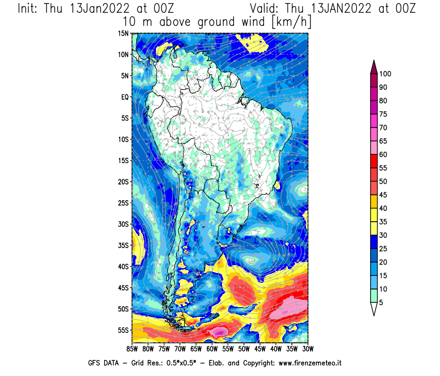 Mappa di analisi GFS - Velocità del vento a 10 metri dal suolo [km/h] in Sud-America
							del 13/01/2022 00 <!--googleoff: index-->UTC<!--googleon: index-->