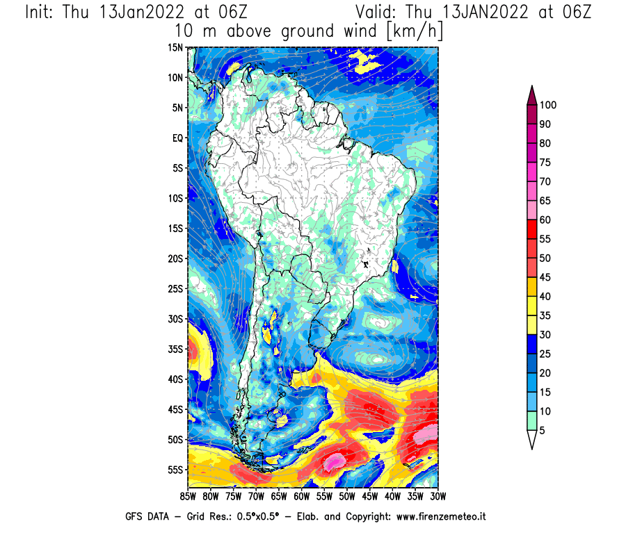 Mappa di analisi GFS - Velocità del vento a 10 metri dal suolo [km/h] in Sud-America
							del 13/01/2022 06 <!--googleoff: index-->UTC<!--googleon: index-->