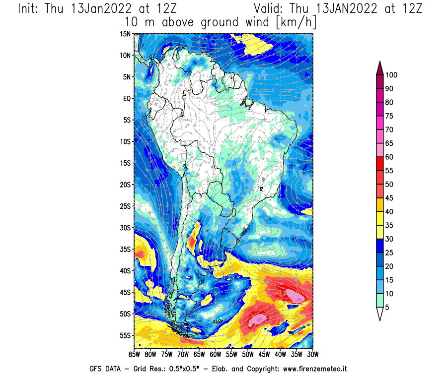 Mappa di analisi GFS - Velocità del vento a 10 metri dal suolo [km/h] in Sud-America
							del 13/01/2022 12 <!--googleoff: index-->UTC<!--googleon: index-->