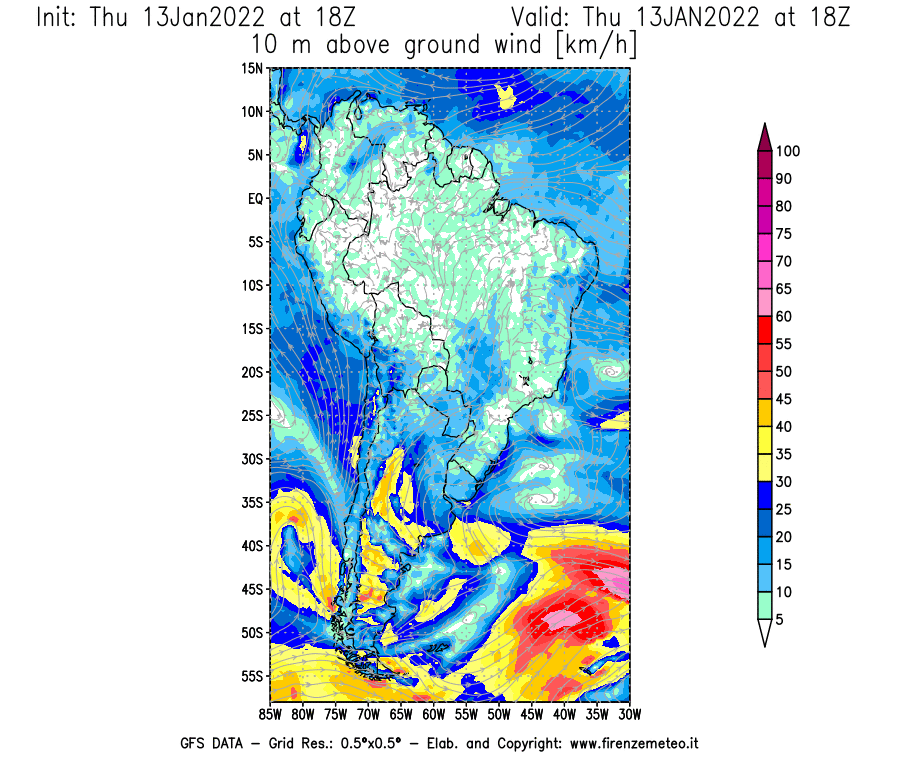 Mappa di analisi GFS - Velocità del vento a 10 metri dal suolo [km/h] in Sud-America
							del 13/01/2022 18 <!--googleoff: index-->UTC<!--googleon: index-->